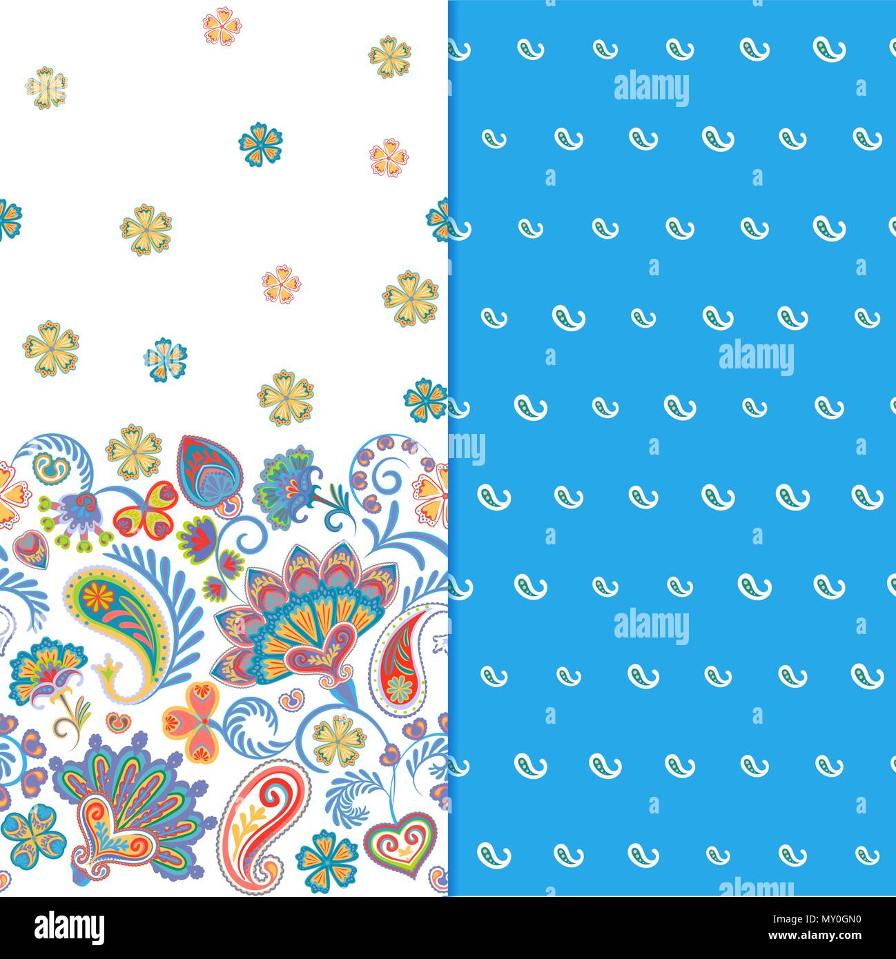 Ensemble de deux motif floral transparent horizontal avec paisley et fantasy fleurs frontière. La texture à la main pour les vêtements, les draps, le tissu de la robe bleu etc. Illustration de Vecteur