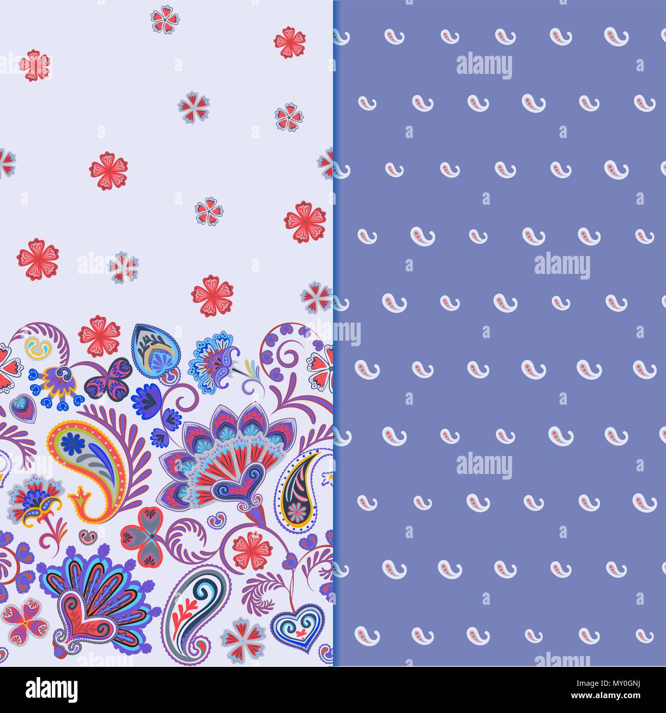 Ensemble de deux motif floral transparent horizontal avec paisley et fantasy fleurs frontière. La texture à la main pour les vêtements, les draps, le tissu de la robe lilas etc. Illustration de Vecteur