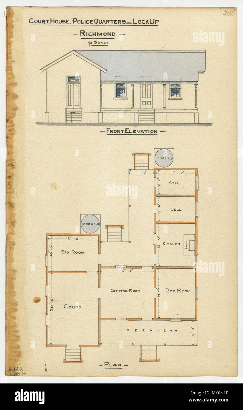 Le dessin architectural de la Cour, maison et logements policiers, blocage. Le Budget des dépenses. Les fave les votes pour les bâtiments publics figurant dans le Eslimates-en-chef : Richmond - Court-house et caserne de police. 1 200 Banque D'Images