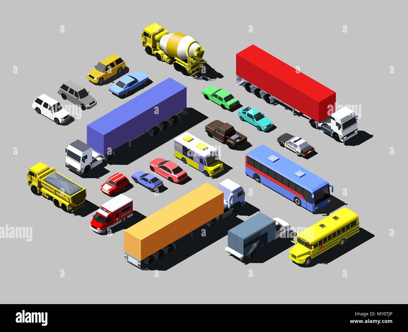 Route isométrique vectoriel voitures, camions et autres véhicules. Illustration de Vecteur