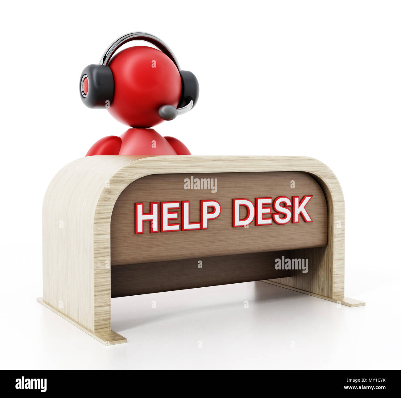 Représentant du client avec casque assis sur le bureau d'aide. 3D illustration. Banque D'Images