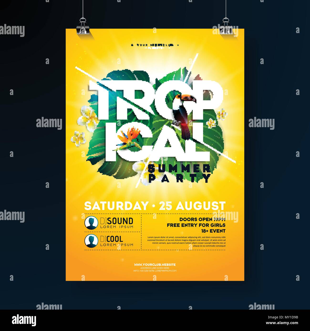 Vector Été tropical Party Flyer Design avec des éléments typographiques sur fond jaune soleil. La nature d'éléments floraux, d'oiseaux et de perroquets toucan fleur avec des feuilles exotiques. Modèle de conception de bannière, flyer, invitation, de l'affiche. Illustration de Vecteur