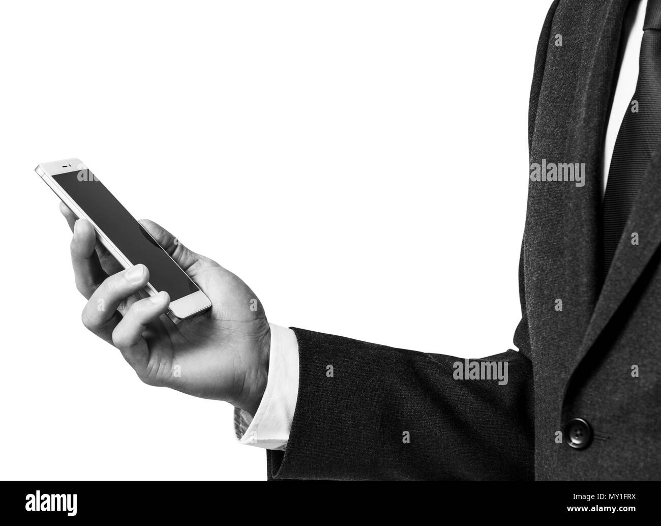 Hand holding white Smartphone avec écran vide Banque D'Images