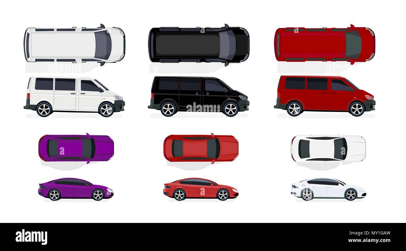 Jeu de noir et blanc, des voitures rouges. Vue de côté et vue de dessus. Dimensions volumétriques sans grille et un dégradé. Isolé sur fond blanc. Illustration de Vecteur