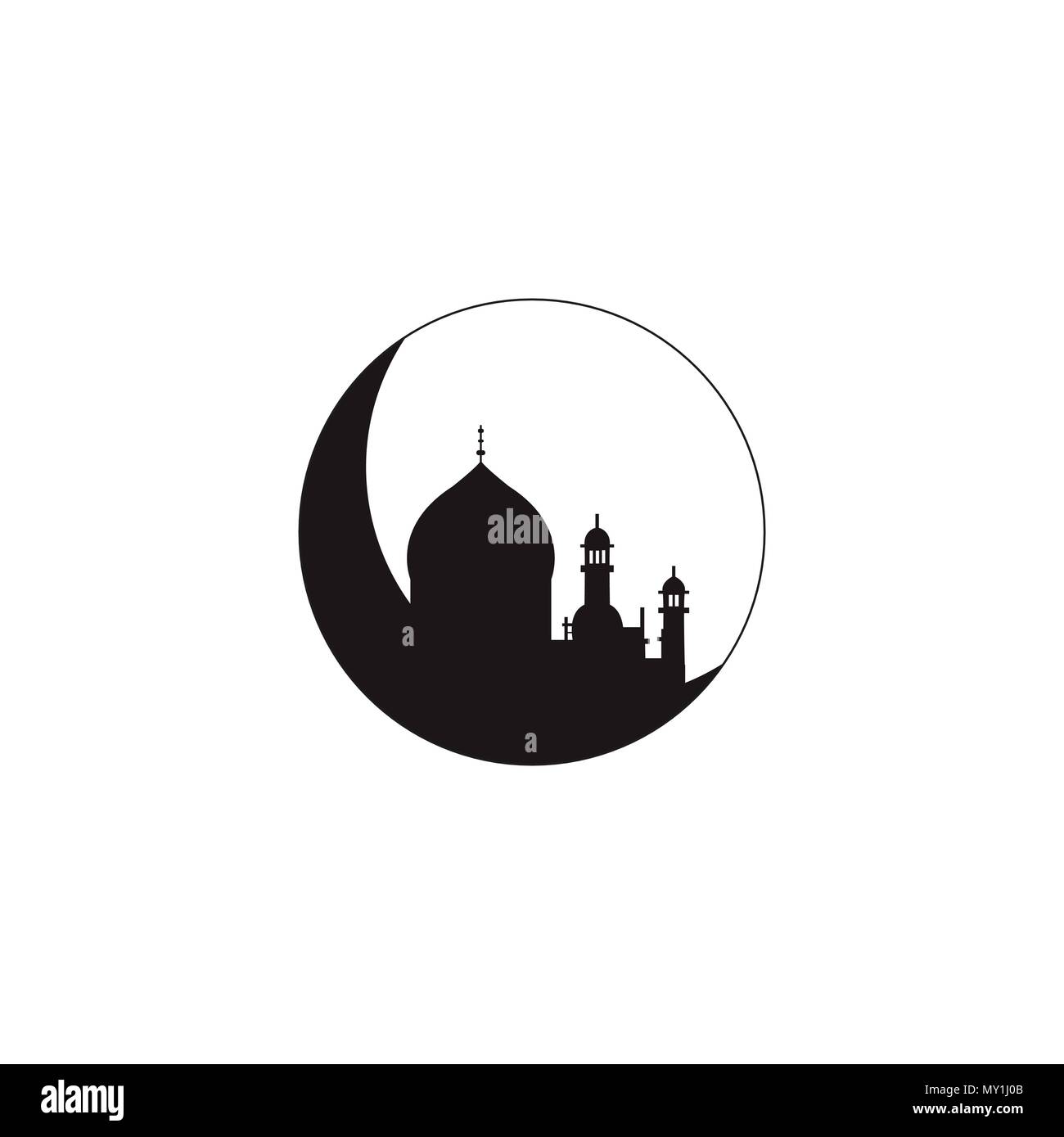 Silhouette de mosquée avec minarets sur Croissant de lune. Concept pour la fête musulmane islamique de célébration anniversaire Mawlid du prophète Muhammad, mois sacré du Ramadan Kareem, Eid Mubarak Illustration de Vecteur