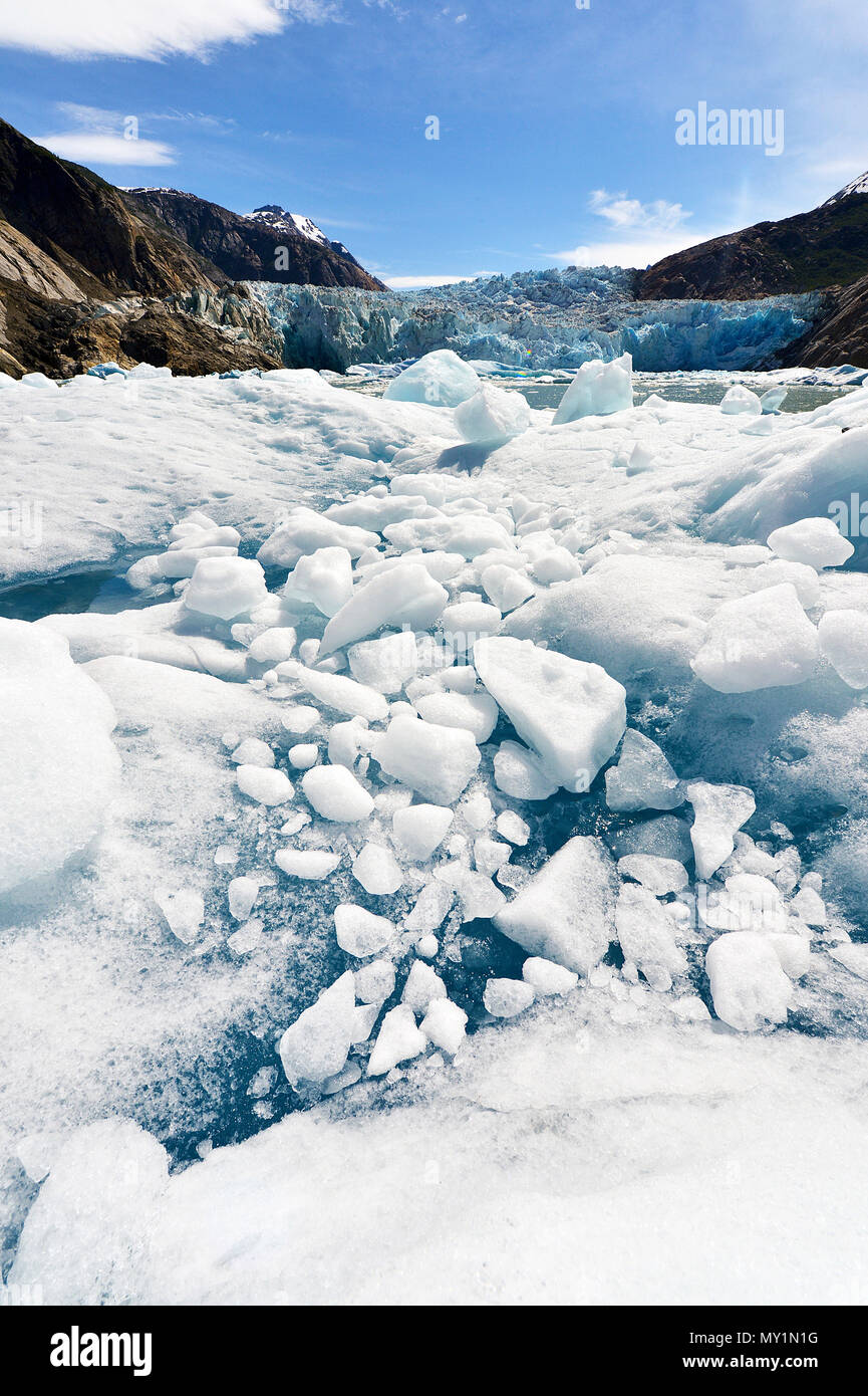 Les glaces à la dérive et à l'eau de fonte du glacier Sawyer, fjord Tracy Arm, en Alaska, le Pacifique Nord, USA Banque D'Images