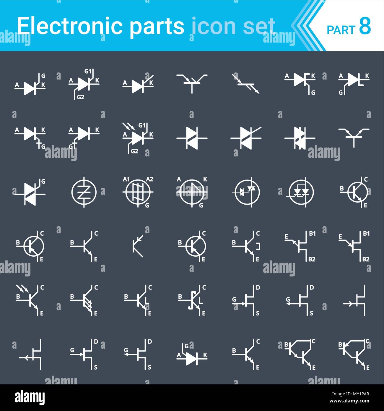 Icônes, électriques et électroniques du schéma électrique des symboles. Thyristors, diacs et triacs transistors. Illustration de Vecteur