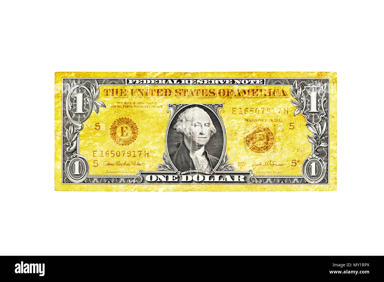 Nous créative one dollar bill, isolé sur blanc - Or Banque D'Images