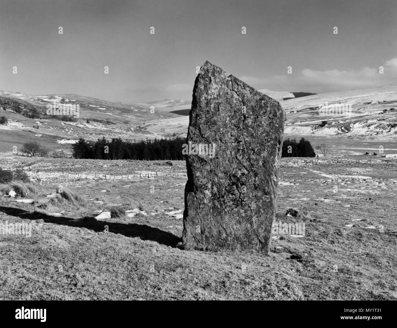 Voir l'ENE de Llech Idris standing stone, marqueur final sur une piste menant de l'âge du bronze à Llanbedr Moel Goedog & plus de l'extrémité nord de la Rhinogs. Banque D'Images