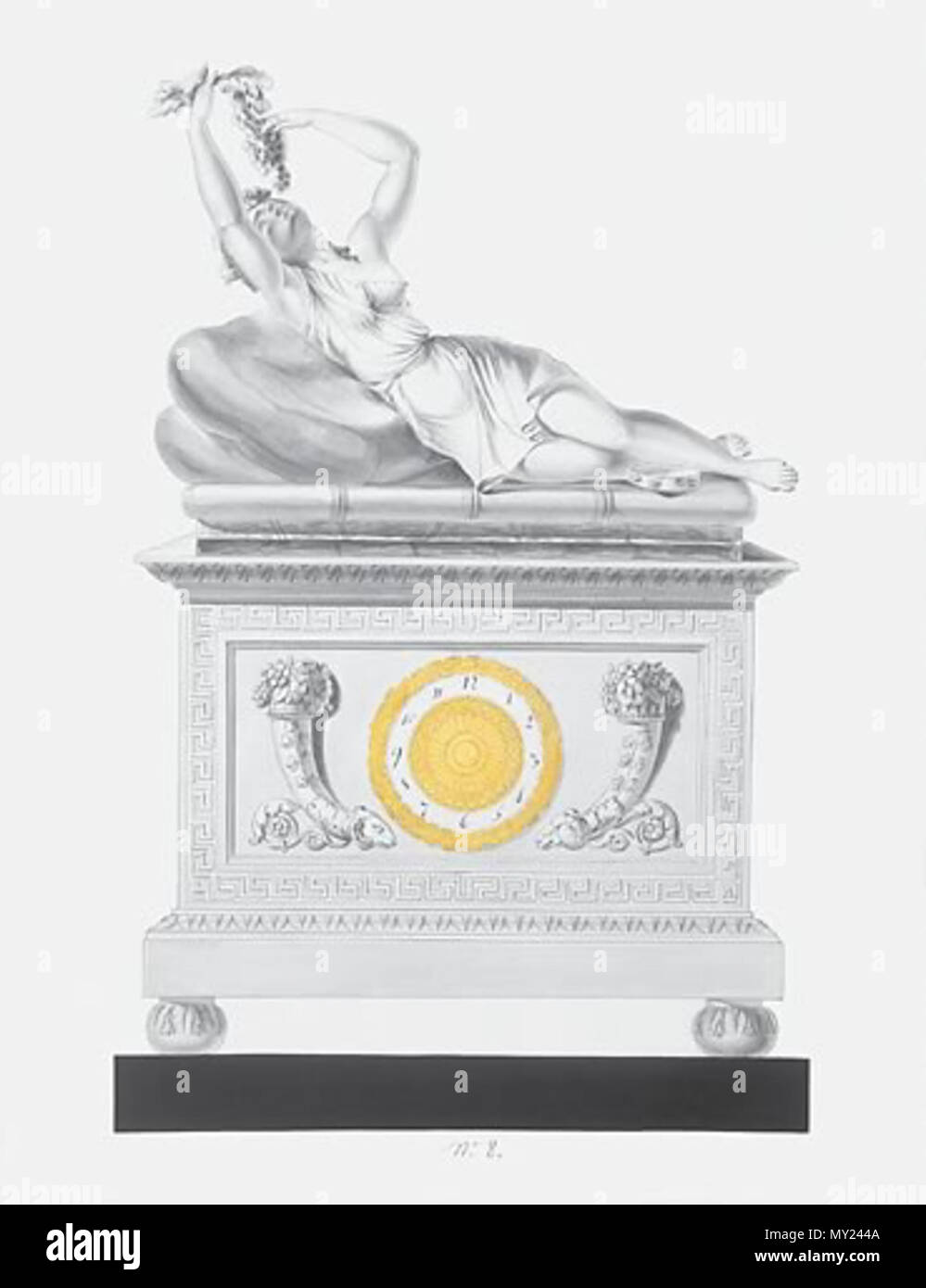 . Anglais : Aquarelle, gouache et encre et plume, sur papier vergé. Numérotée : 8. Dimensions : 68cm par 48,3 cm.. Pour être exécuté dans l'albâtre ; bronze doré et marbre noir, cadran émail ; plate-forme. Une femme voluptueuse figure couchée sur les oreillers, manger des raisins une bande qu'elle est tenue en altitude, d'un tambourin par ses pieds ; la clé grecque pans plinthe avec le cadran d'horloge flanquée de rhyton cornes ; sur pieds boule jointes foliée. Ménades (Bacchantes en grec), qui avait d'un tambourin pour un attribut, étaient des femmes fidèles de Bacchus, le dieu du vin. Ce chiffre est typique de la draperie tourbillonnante, la pose de la figure Banque D'Images