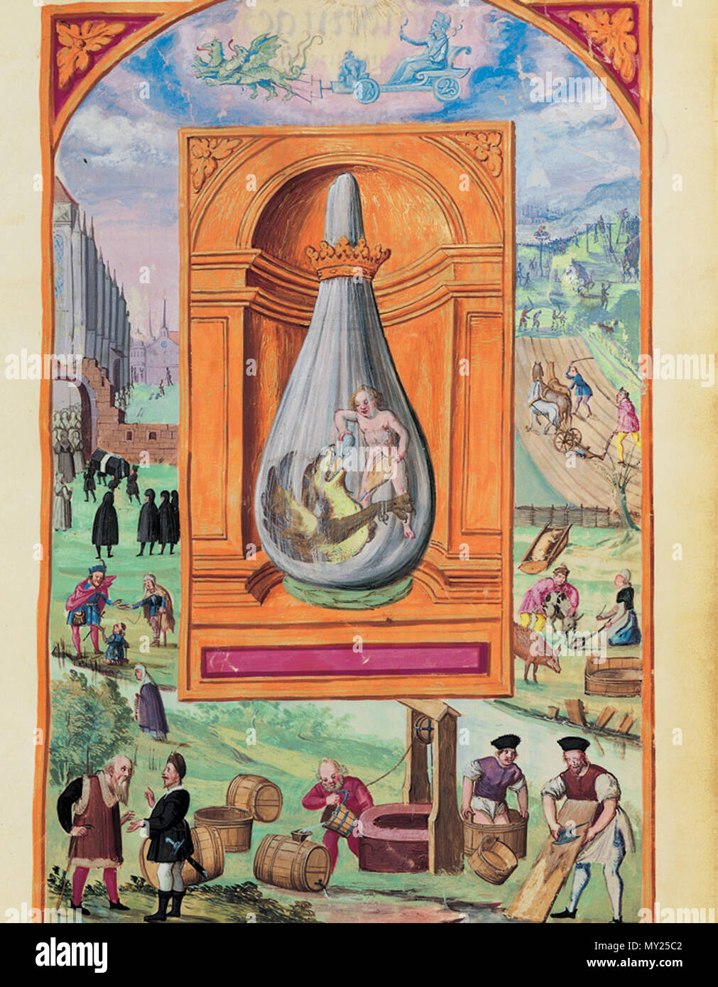 498 Splendor Solis - Traité d'Alchimie - Saturne - Dragon et enfant (Les Sept Flasques) Banque D'Images