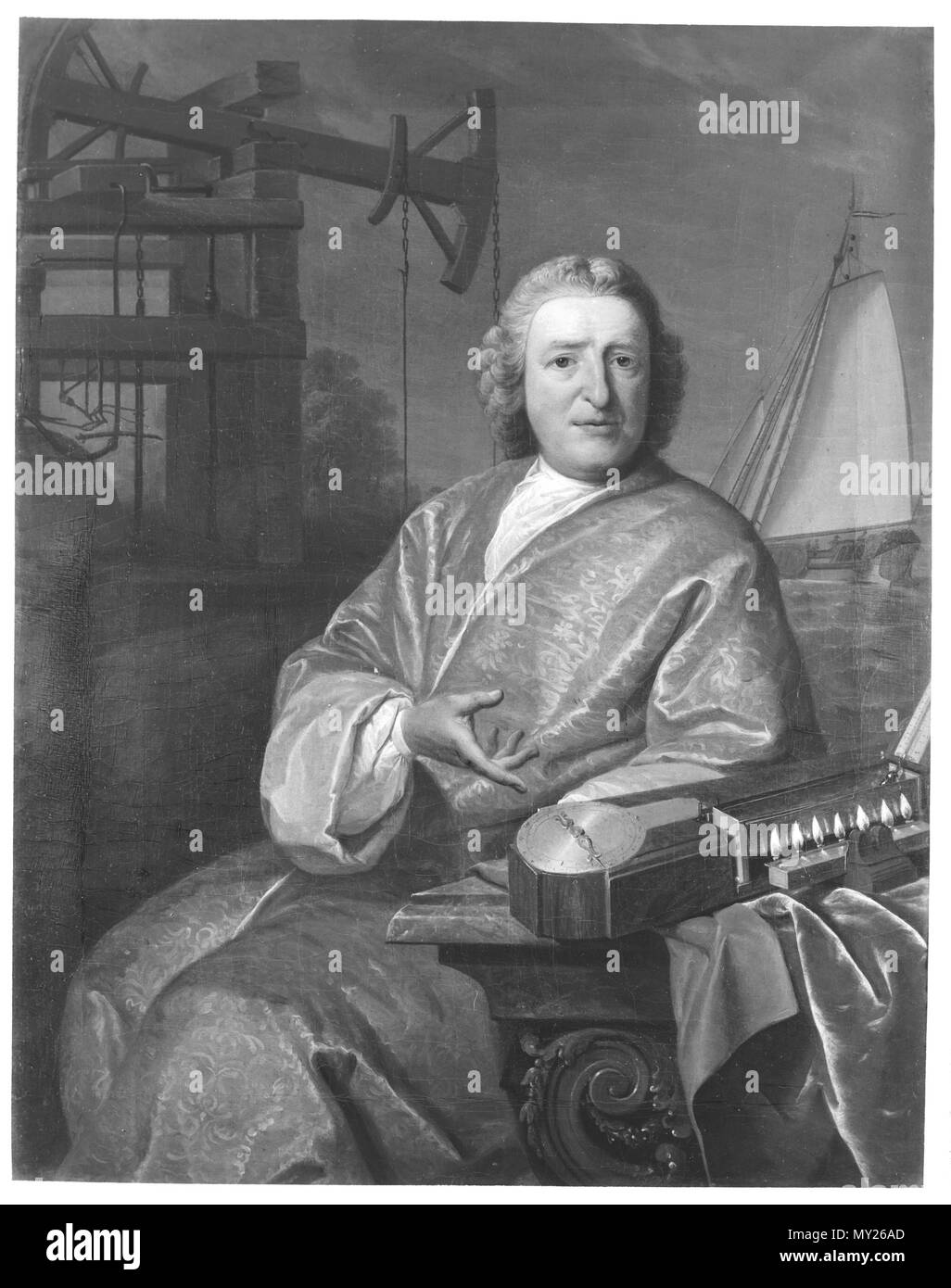 . Anglais : Ancienne photo de maintenant perdu portrait de l'inventeur de Rotterdam et la société 'La société batave de Philosophie Expérimentale' fondateur Steven Hoogendijk. Il est présenté avec sa collection. Cette peinture a été détruite en même temps que le bâtiment de la société de la DEUXIÈME GUERRE MONDIALE Dans le bombardement de Rotterdam. Nederlands : Afgebeelde gestorven en 1788, Steven Hoogendijk Cet objet est classé dans RKDimages, base de données de l'Institut néerlandais pour l'histoire de l'Art, sous la référence 123879. Čeština | English | français | македонски | Nederlands |  +/- . entre vers 1760 et vers 1780 ; date de la photo Peinture du 20e siècle. Banque D'Images