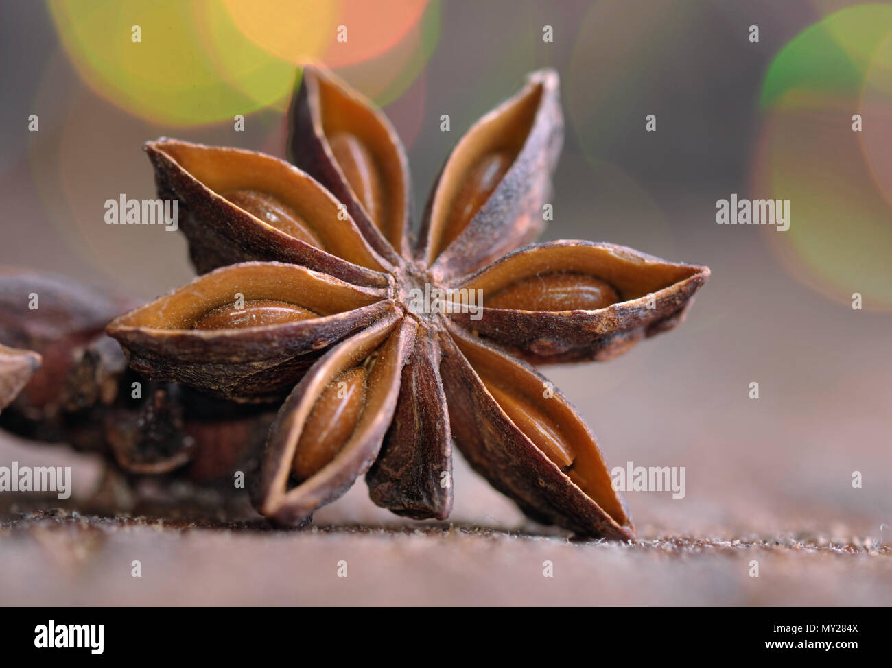 Gros plan sur l'anis étoilé sur fond clair flou Banque D'Images