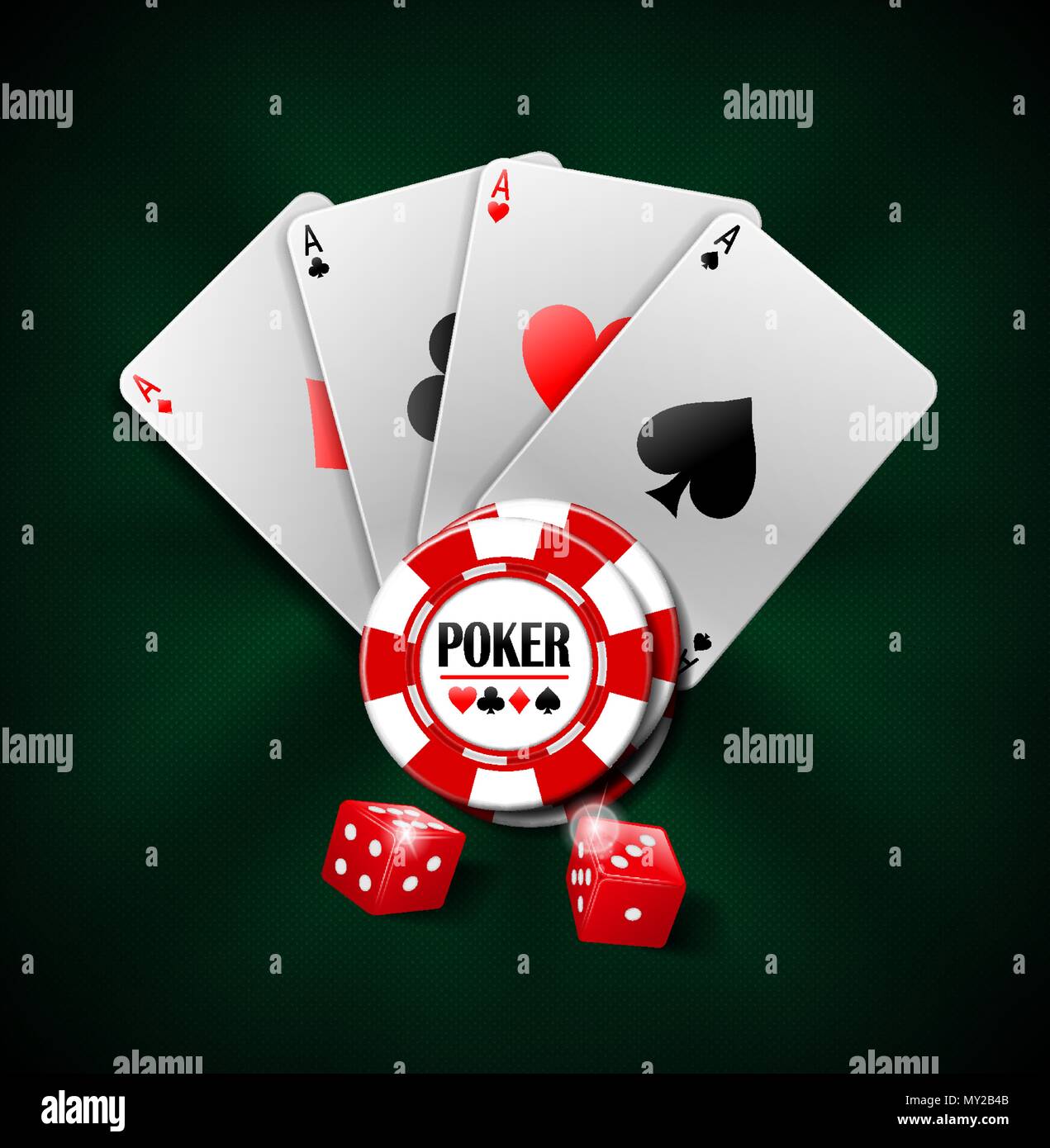 Les Jeux de Casino Poker background design. Bannière de poker avec des jetons, jeux de cartes et dés. Casino en ligne bannière sur fond vert. Vector illustration. Illustration de Vecteur