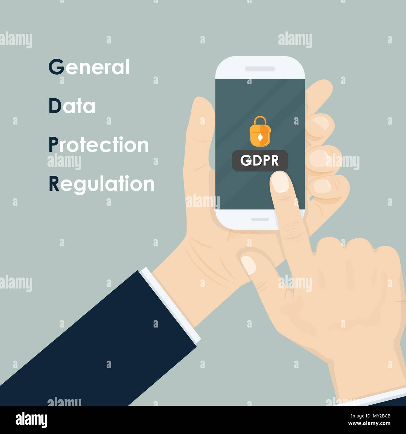 Hand holding smartphone avec règlement général sur la protection des données.PIBR concept.Sécurité des smartphones,l'accès personnel,l'autorisation de l'utilisateur, se connecter et protéger Illustration de Vecteur