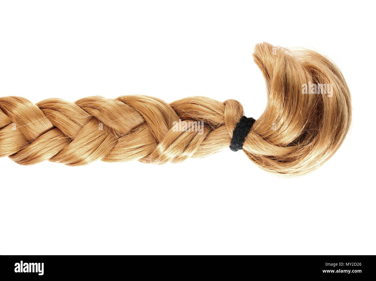 Tresse ou natte blonde de cheveux blonds sur fond blanc Banque D'Images