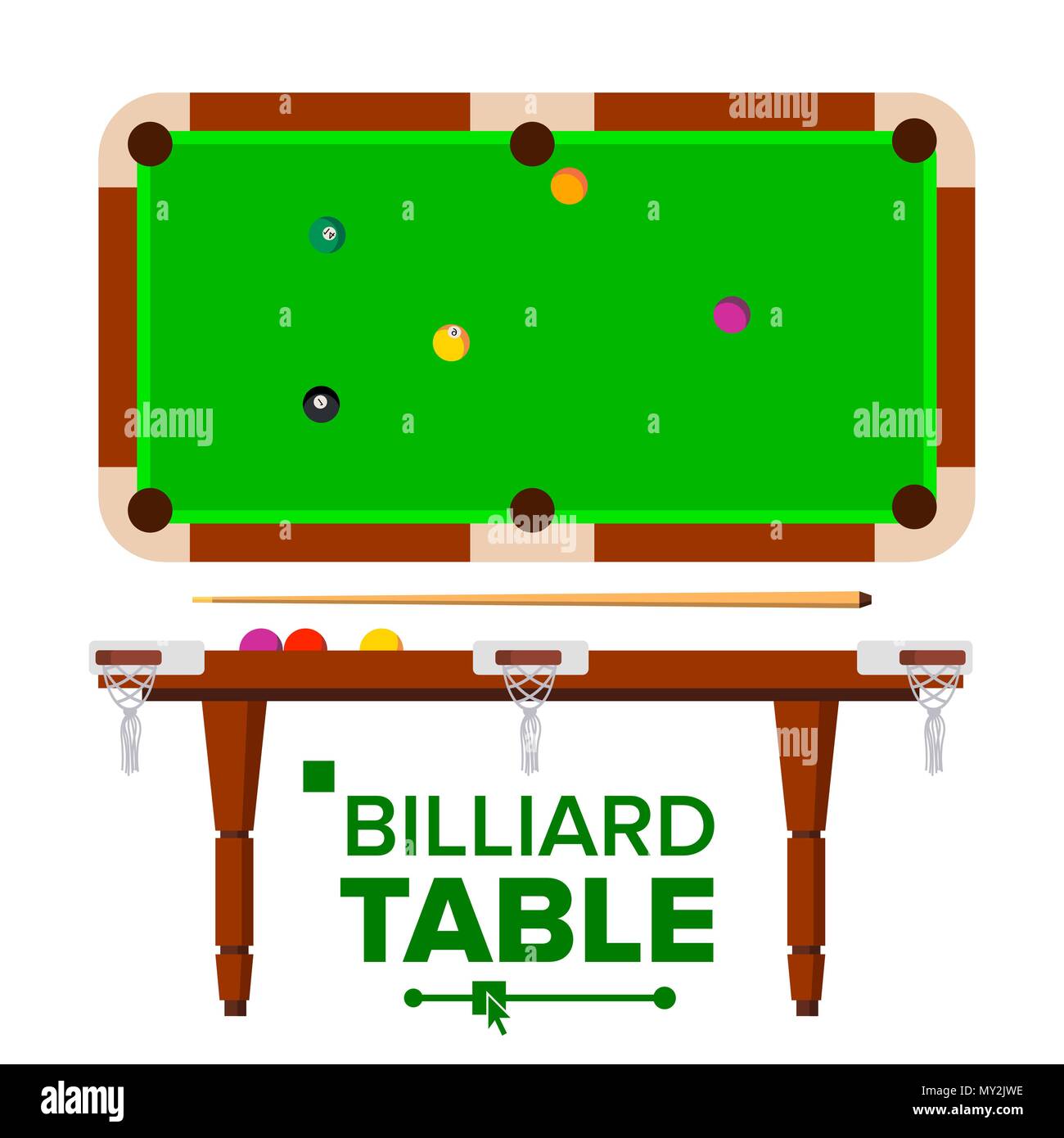 Table de billard vecteur. Haut, Vue de côté. Green Classic piscine, table de billard. Télévision illustration isolé Illustration de Vecteur