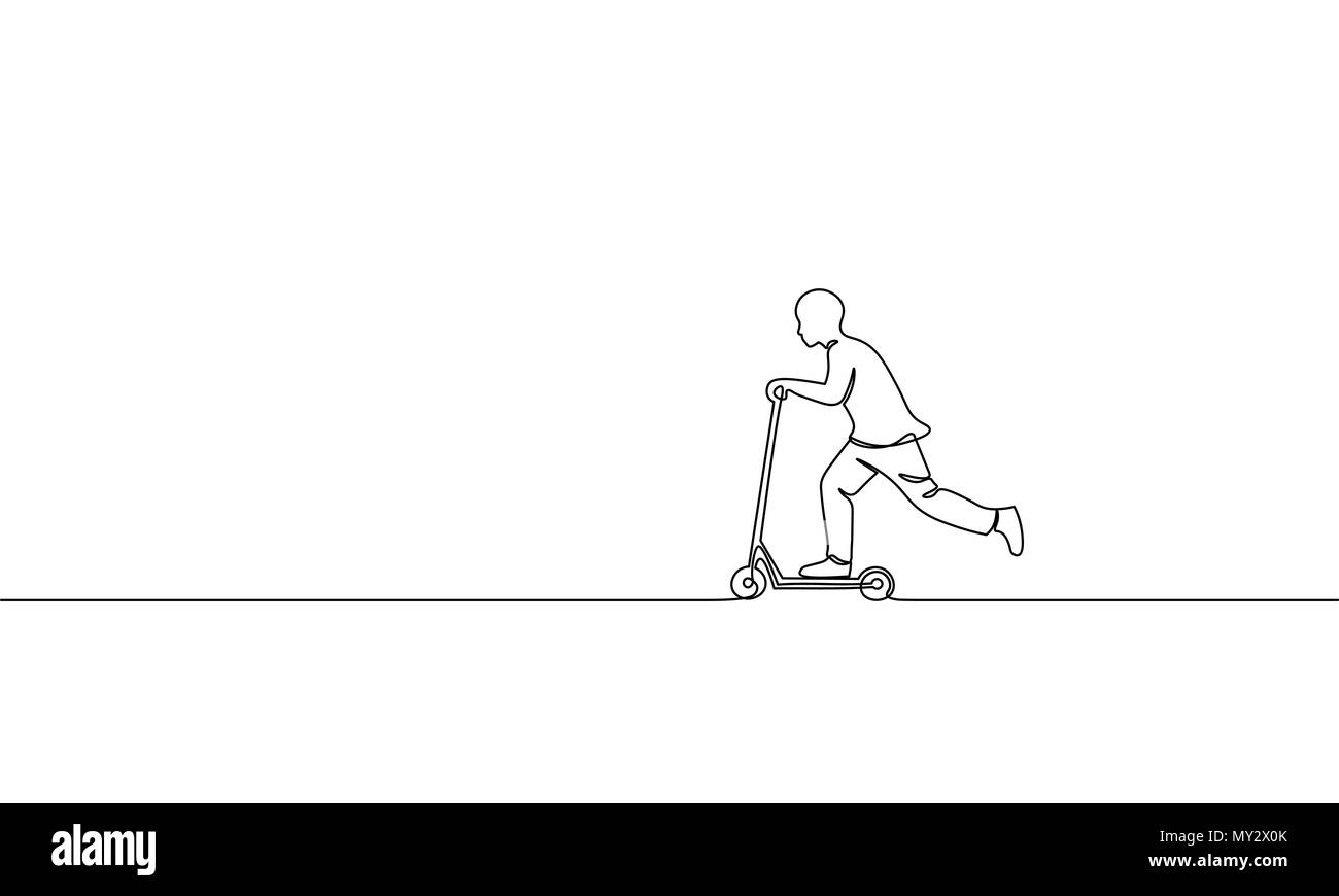 Seule une ligne art boy riding scooter. L'activité Kids sport vacances loisirs passe-temps l'école de plein air de la petite enfance concept amusant esquisse silhouette vector illustration Illustration de Vecteur