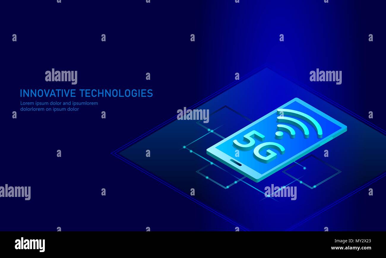 5G Nouvelle connexion internet sans fil Wi-Fi. Appareil mobile smartphone bleu télévision 3D isométrique. Réseau mondial d'innovation haut débit Débit de données de la technologie vector illustration Illustration de Vecteur