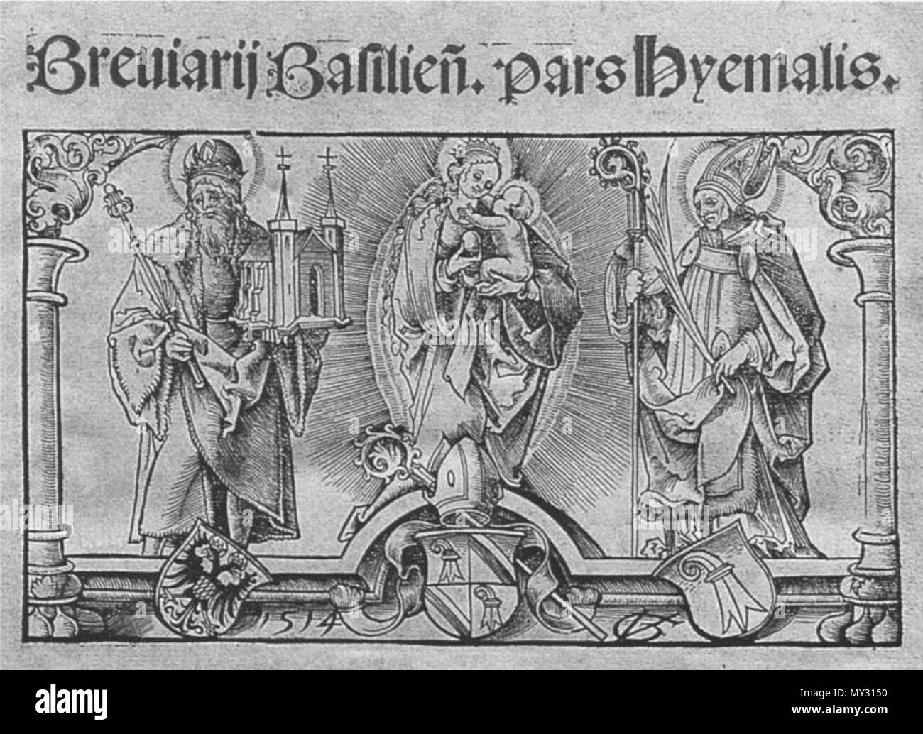 . Anglais : Vierge et enfant avec les Saints Heinrich et Pantalus. De Bréviaire de Bâle Basler Münsterschatz . 21 septembre 2015. Jakob von Pforzheim (imprimer) après Urs Graf (1485-1529) 552 Vierge et enfant avec les Saints Heinrich et Pantalus. De Bréviaire de Bâle Banque D'Images