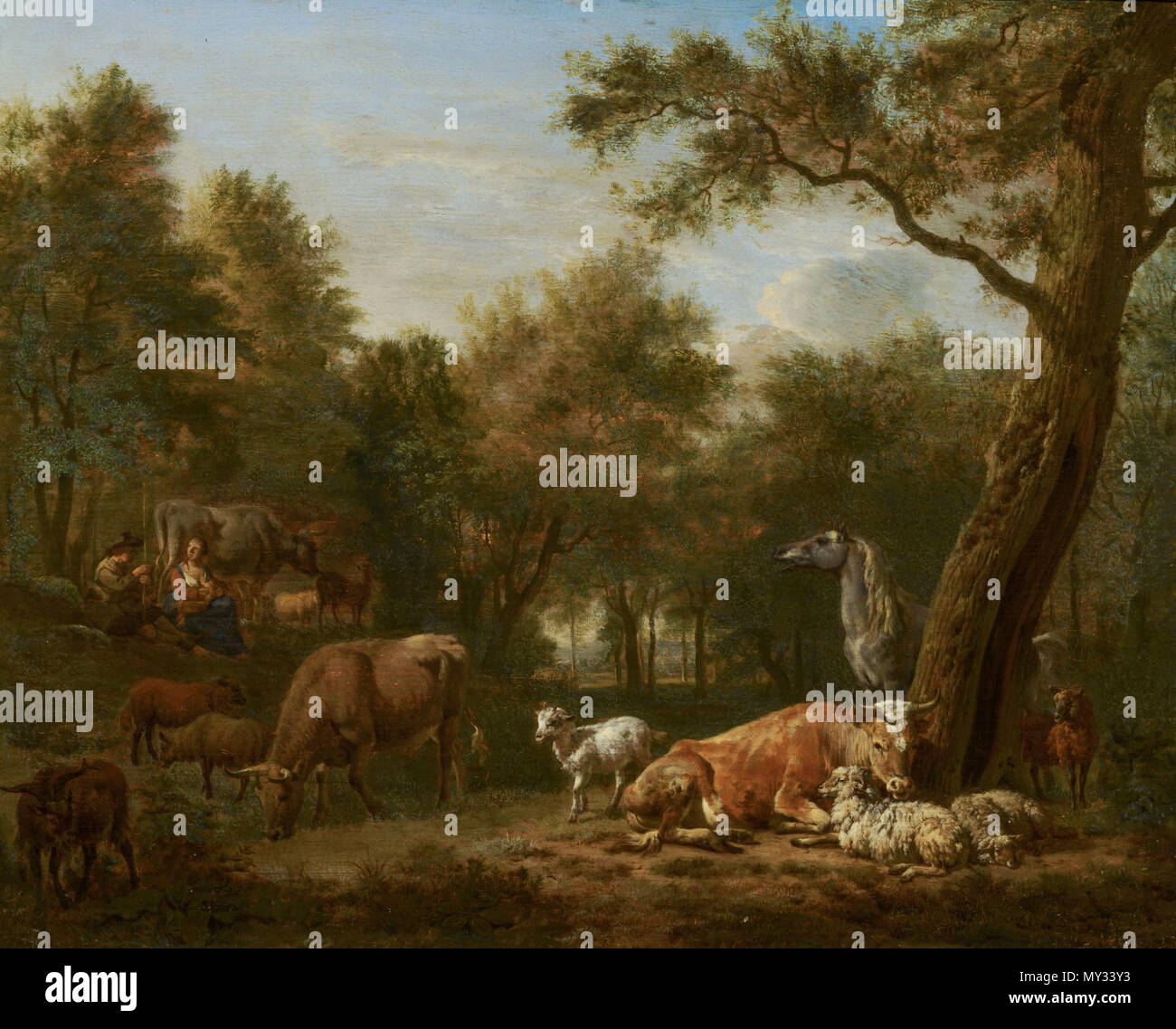 . Paysage boisé avec du bétail . Nederlands : Boslandschap rencontré vee. 1663. huile sur panneau. 29 × 35,5 × 13,9 cm (11,4 in). La Haye, Mauritshuis. . Paysage boisé avec 1663 568 bovins par Adriaen van de Velde 197 Mauritshuis Banque D'Images