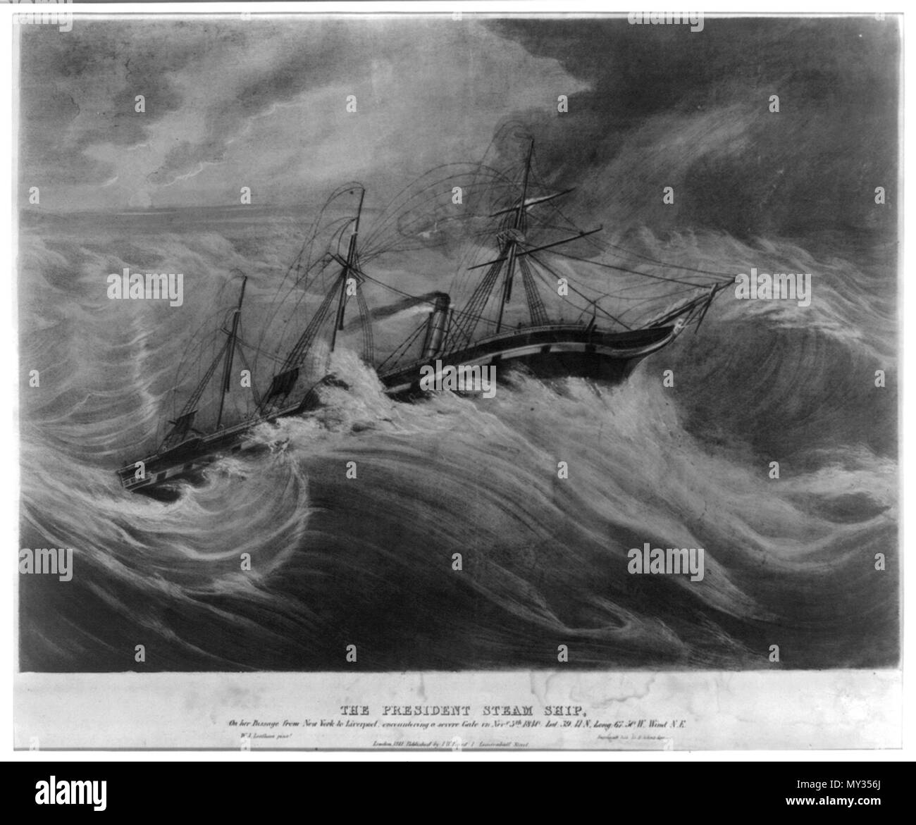 . Anglais : légende originale : "Le Président Steam Ship, sur son passage de New York à Liverpool, rencontrant une grave tempête sur 5e novembre 1840. Lat:39,44 N. Long:67,50 W. Vent N.E." Ce navire a disparu en mars 1841 lors d'un autre voyage. 1841. Le Président 522 inconnu navire à vapeur Banque D'Images