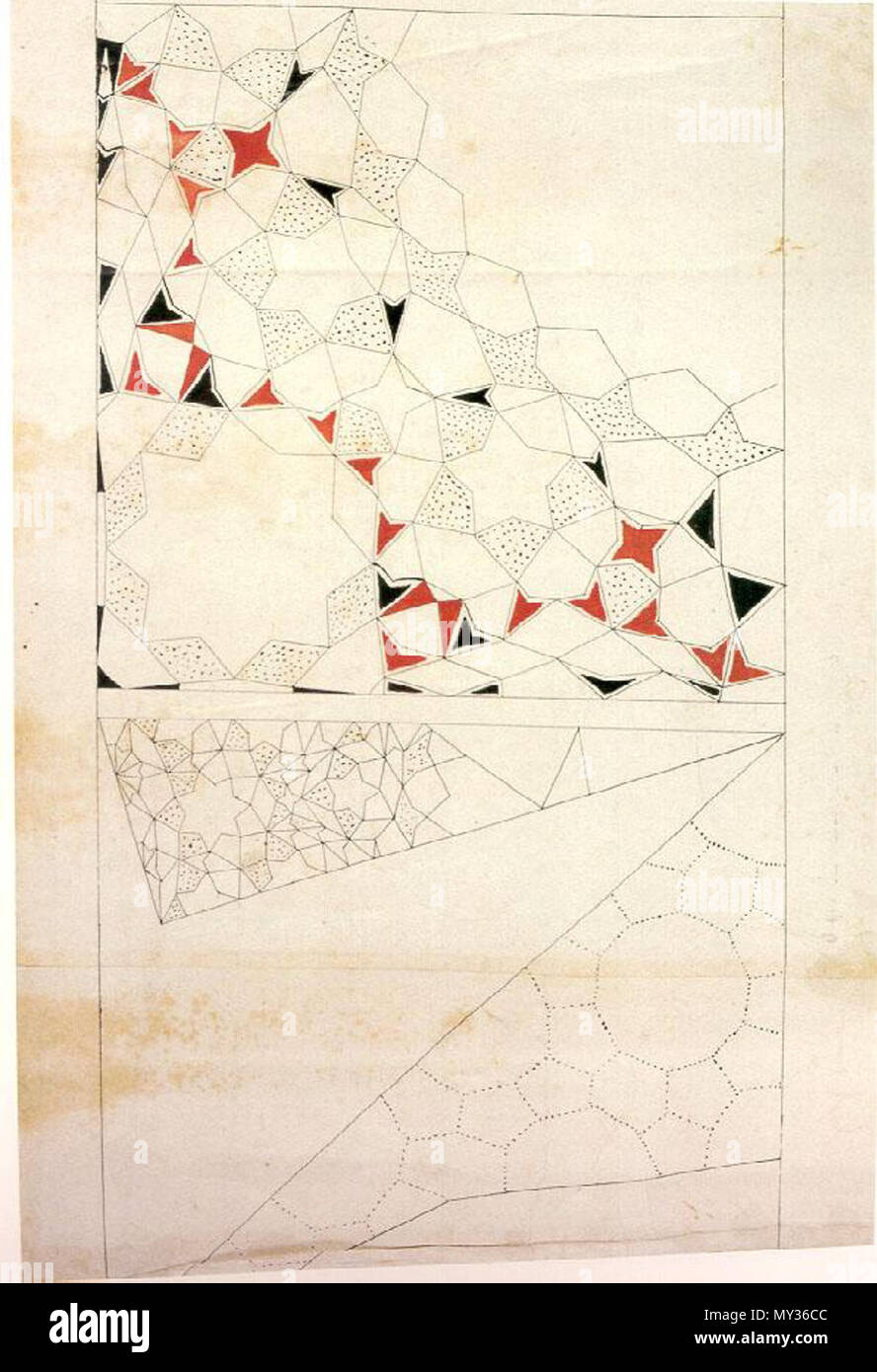 . Anglais : panneau à partir de la molette de Topkapi. Bas noir avec des fragments de voûte polygonale en pointillé des lignes de grille, triangulaire un vingtième de l'unité répétée d'un prisme décagonal vault, et ayant la forme d'un trimestre muqarnas radial vault. Türkçe : Parşömeni Topkapı'nden bir de bord. Kubbe parçası Altta, noktalı poligonlar : içi siyah ongen kubbenin yirmidebiri ve, şekilli tekrarlı üçgen birim. Üstte şekilli ışınsal, yelpaze mukarnas kubbe çeyrek. 16 décembre 2011. Auteur inconnu de 15e siècle. défilement Topkapi 532 P289 défilement Topkapi Banque D'Images