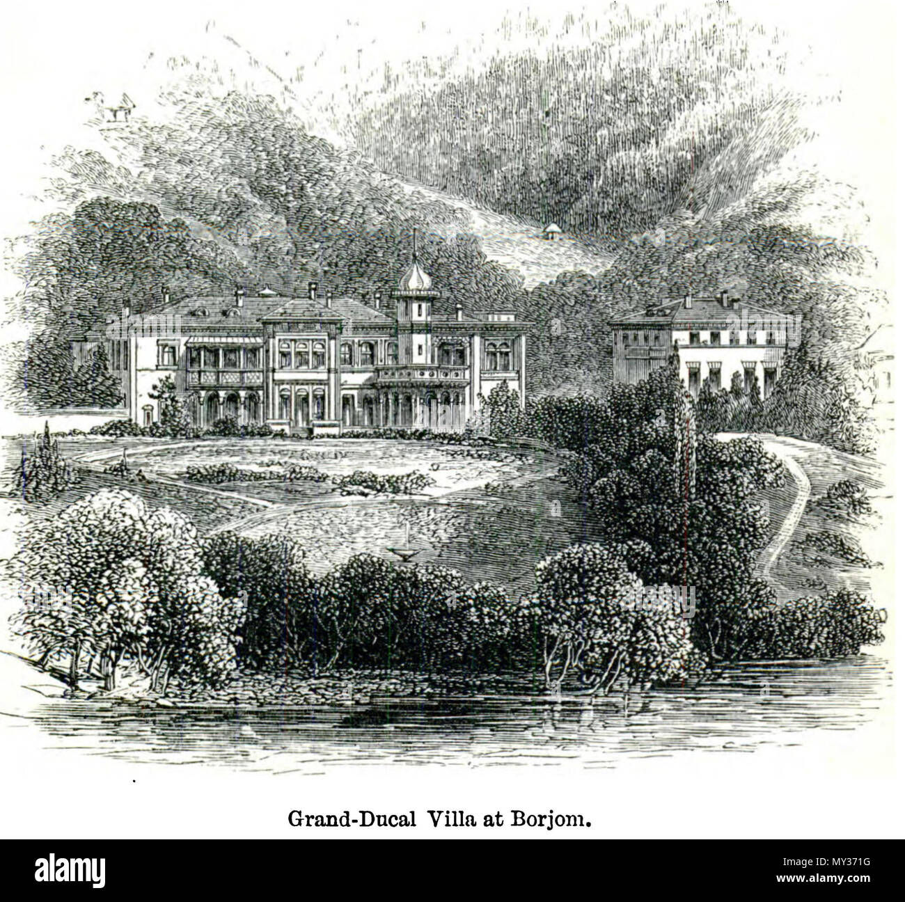 . Anglais : Villa à grand-ducal Borjom (Borjomi) Voyages dans le Caucase central et Basan : y compris des visites d'Ararat et Tabreez et ascensions de Kazbek et Elbruz . 1869. Douglas William Freshfield (1845-1934) 535 voyages dans le Caucase central et Bash P.466 Banque D'Images