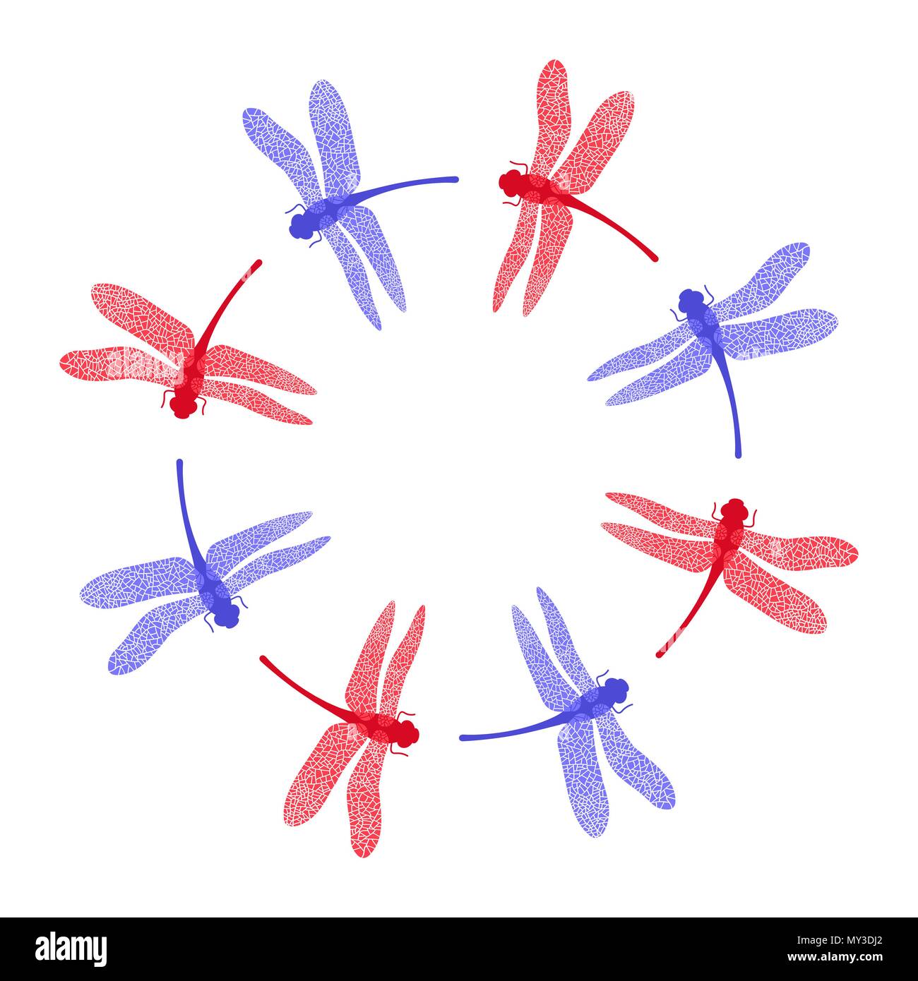 Stilized bleu rouge bleu libellule cadre. Conception de logo d'insectes. Aeschna Viridls Illustration de Vecteur