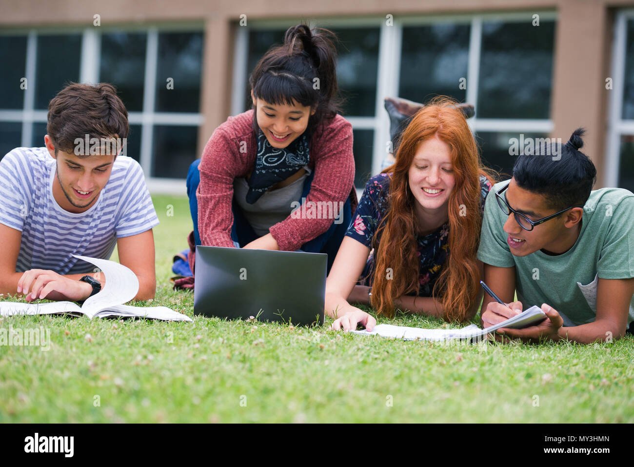 College students studying together outdoors Banque D'Images