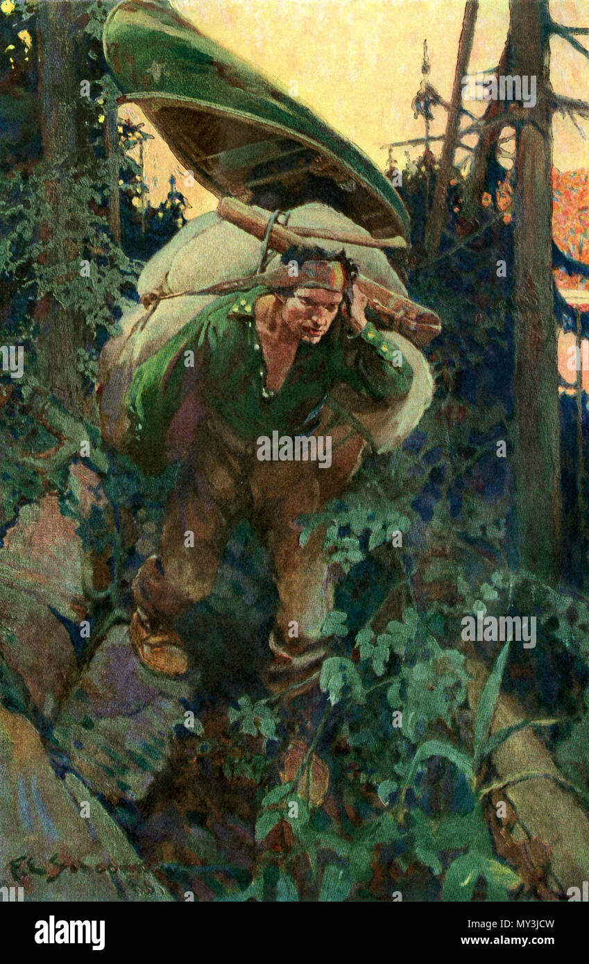 Native American woodsman portant un sac sur un portage de canot, le nord de la forêt. Demi-teinte de couleur d'un F. E. Schoonover illustration Banque D'Images