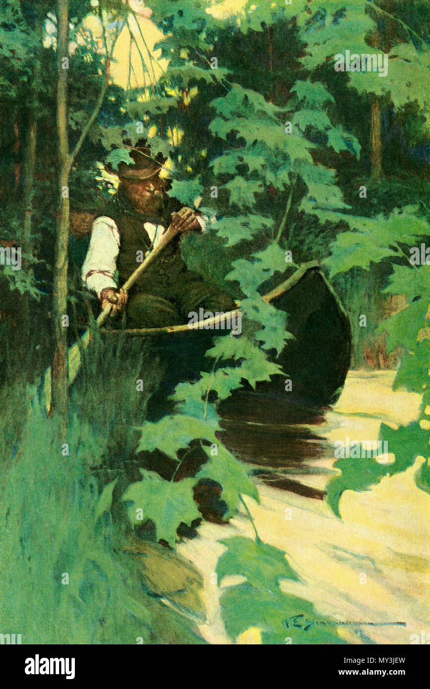 Les eaux de canots à travers des bois du nord. Demi-teinte de couleur d'un F. E. Schoonover illustration Banque D'Images