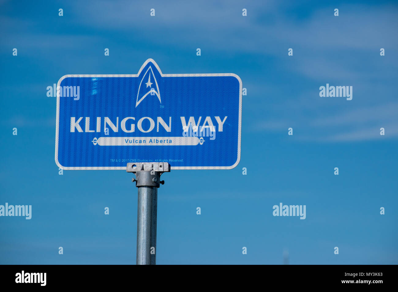 Façon Klingon Street Sign, Vulcan, Alberta, Canada. Banque D'Images