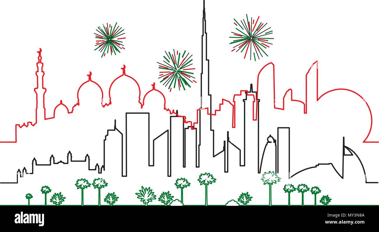D'artifice à Dubaï et à Abu-Dhabi villes en couleurs du drapeau national dessins lignes vector illustration. Cityscapes avec gratte-ciel et des EAU de repère. Illustration de Vecteur