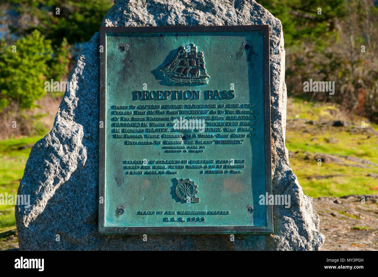 Histoire plaque, col Deception State Park, Washington Banque D'Images