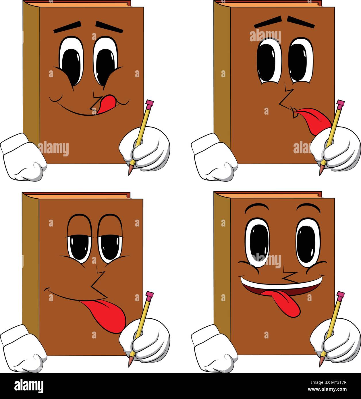 Books écrit au crayon. Bande dessinée collection avec des visages heureux. Vecteur d'expressions définies. Illustration de Vecteur