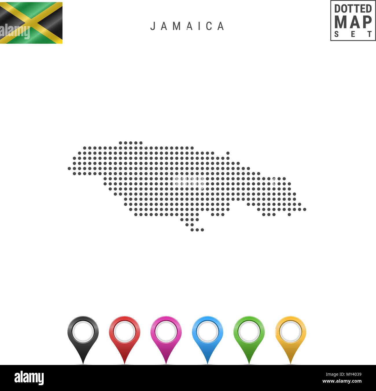 La carte à points vecteur de la Jamaïque. Silhouette simple de la Jamaïque. Drapeau national de la Jamaïque. Ensemble de marqueurs carte multicolore Illustration de Vecteur