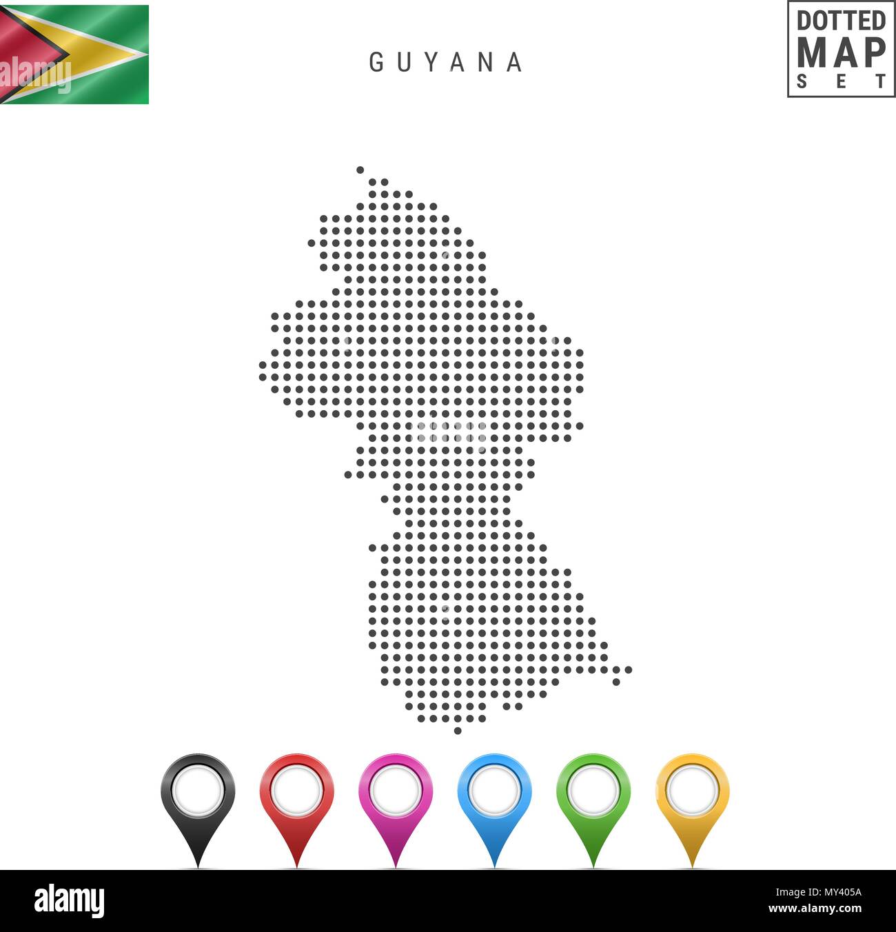 La carte à points vecteur du Guyana. Silhouette simple du Guyana. Le drapeau national du Guyana. Ensemble de marqueurs carte multicolore Illustration de Vecteur