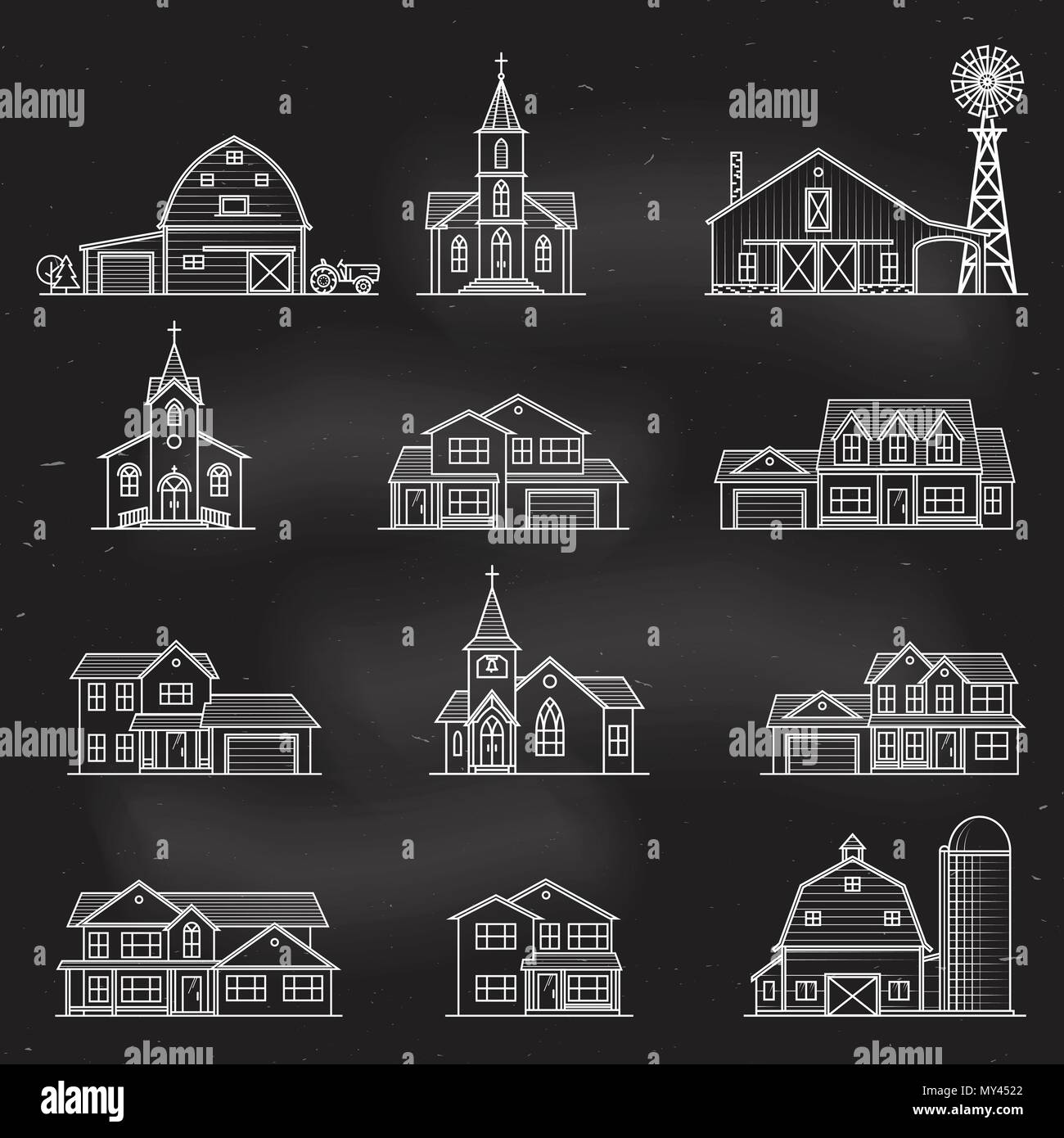 Ensemble de l'icône de la ligne mince suburban maisons américaines, les églises et les fermes au tableau. Pour la conception web et l'interface d'application, également utile pour infogr Illustration de Vecteur