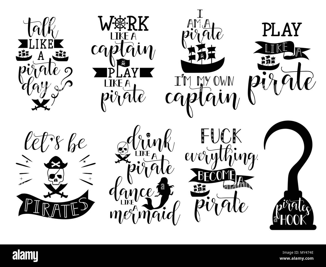 Situé à propos de pirate. lettrage pour les cartes de vœux, décoration, estampes et affiches. Éléments de design typographie dessiné à la main. Illustration de Vecteur