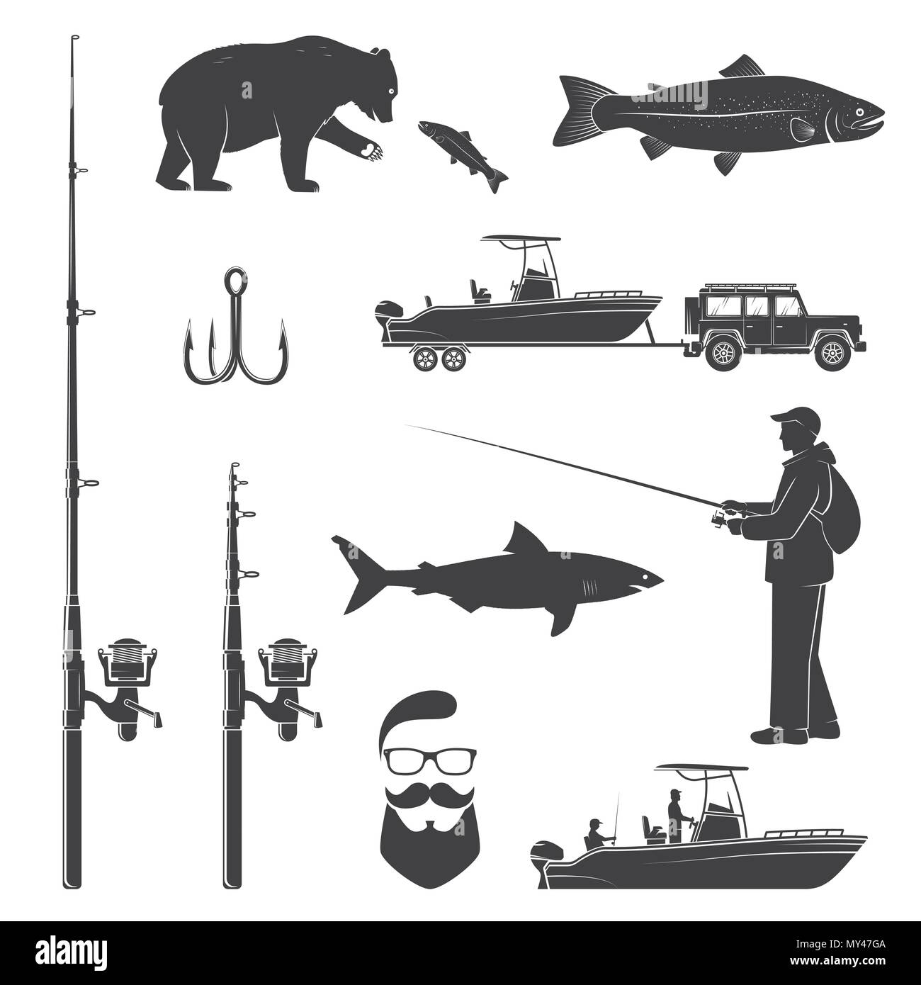 Ensemble de l'icône de la pêche. Vector illustration. Set : tige de poissons et de truites arc-en-silhouette. Illustration de Vecteur