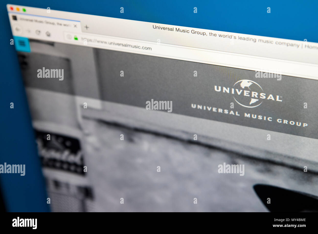 Londres, Royaume-Uni - 29 MAI 2018 : La page d'accueil du site web officiel de l'Universal Music Group - l'Américain global music corporation, le 29 mai 20 Banque D'Images