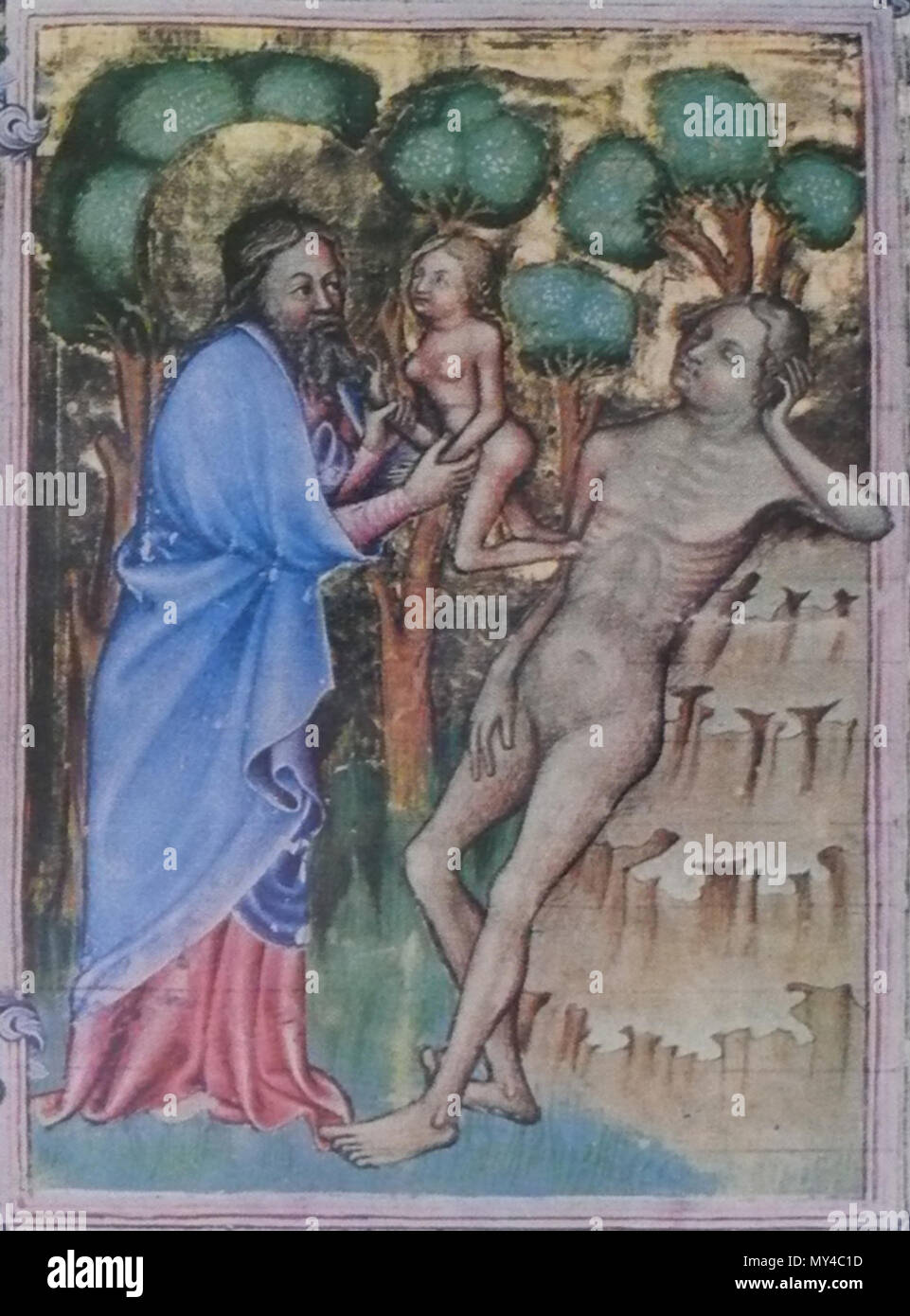 . English : Eve tirée de la côte d'Adam, miniature de la Bible de Wenceslas Čeština : Stvoření Evy z Bible Václava IV. 15e siècle. StvoreniEvy 506 Anonyme Banque D'Images