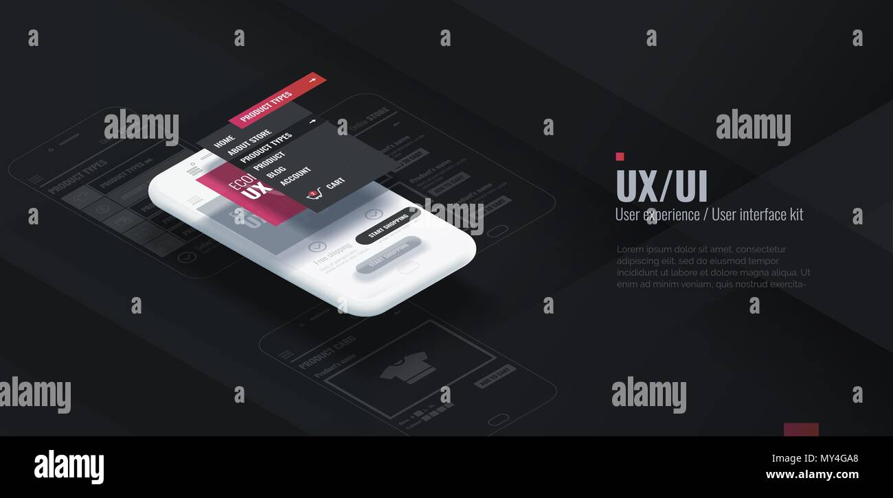 Un téléphone mobile avec une interface démonté. L'expérience utilisateur, l'interface utilisateur dans l'e-commerce. Wireframe Site web pour les applications mobiles. Illustration de Vecteur