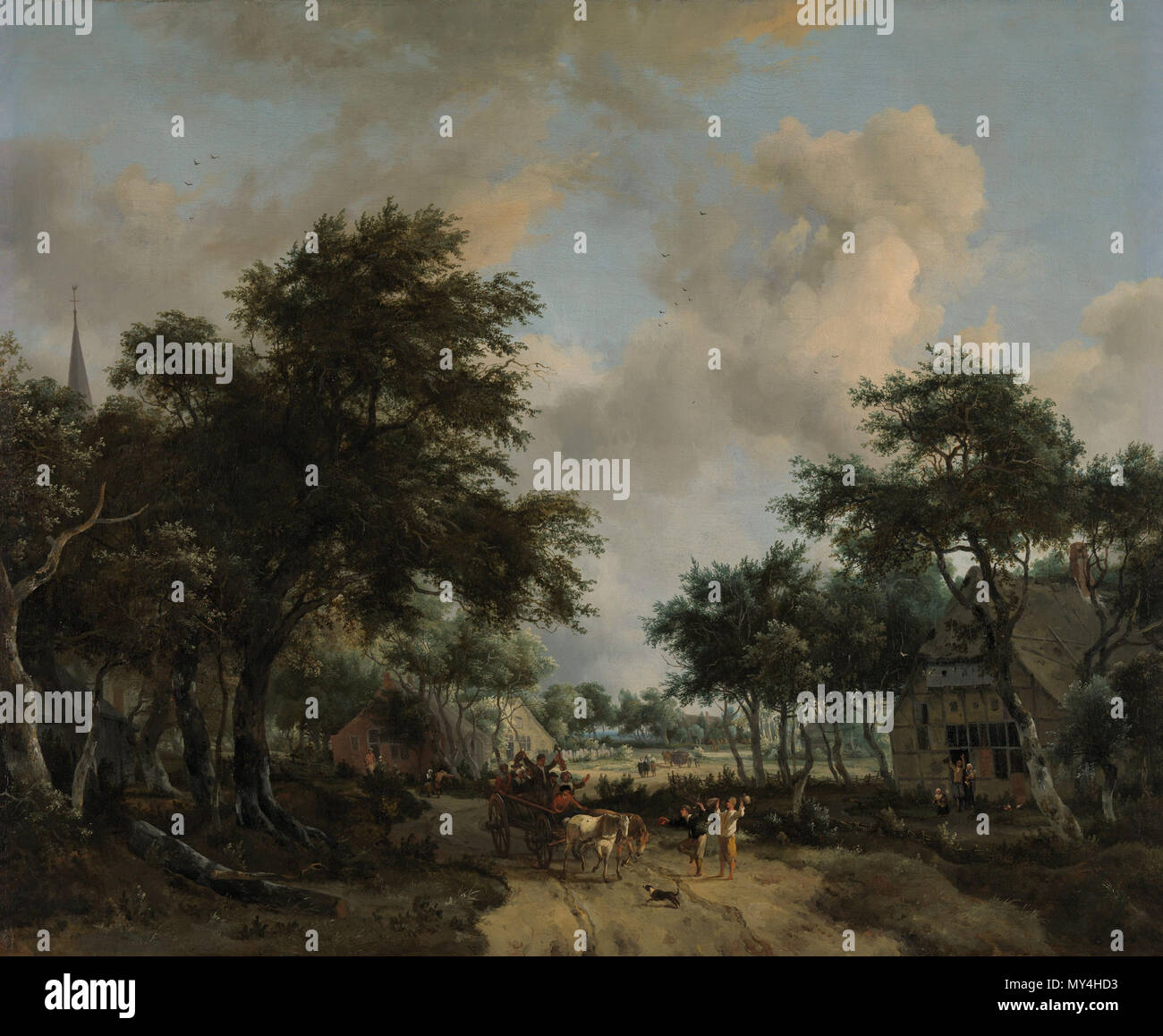 . Paysage boisé avec un panier de fêtards . Nederlands : Boslandschap met een vrolijk gezelschap een wagen. huile sur toile. 109,8 90,5 × 35,6 × 43,2 cm (in). Amsterdam, Rijksmuseum Amsterdam. . Vers 1665 Paysage boisé 568 fêtards avec dans un panier par Meindert Hobbema Rijksmuseum Amsterdam SK-A-5026 Banque D'Images