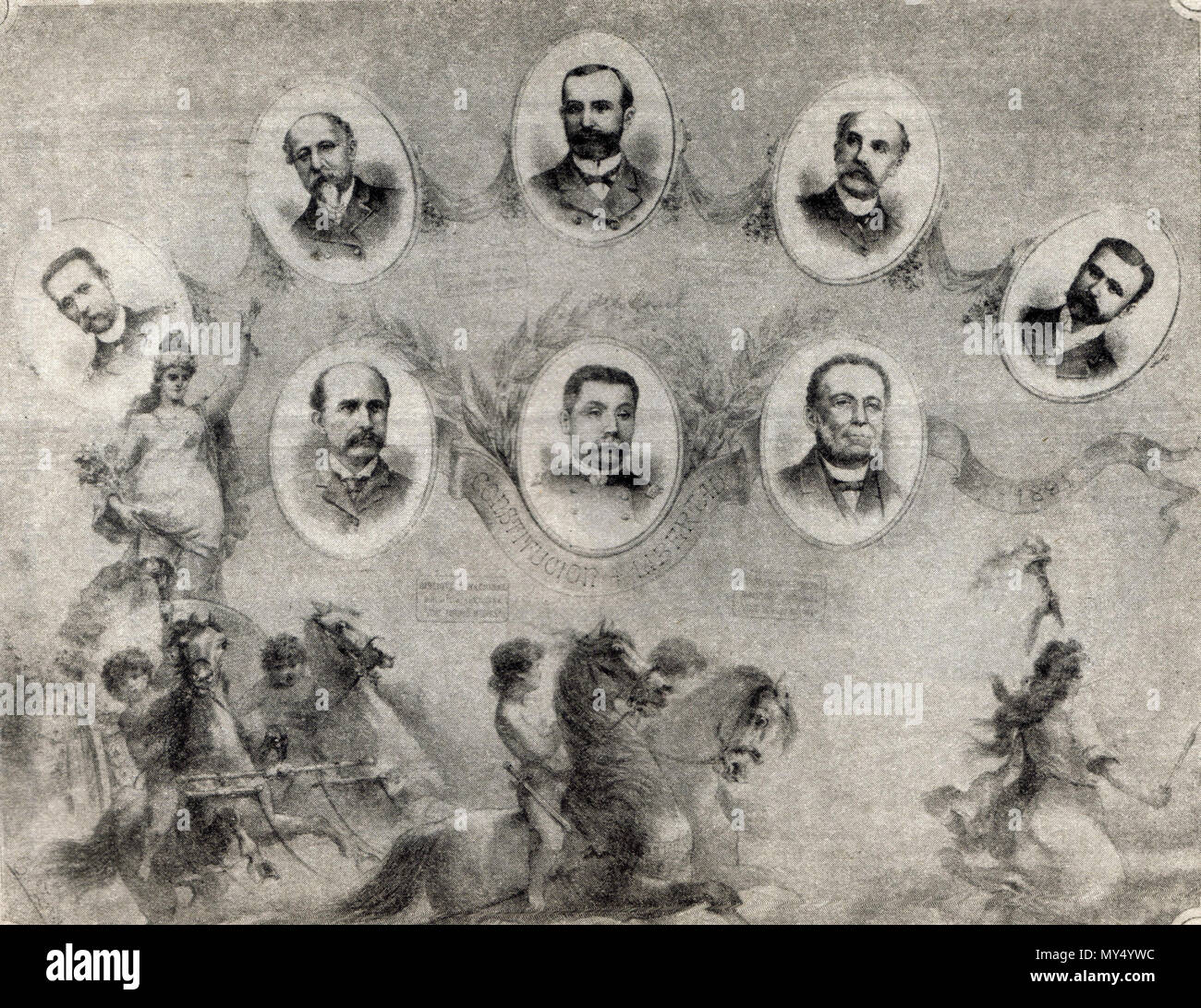 . Cuadro Alegorico en Homenaje a la Junta de Gobierno de Santiago de 1891. Ministerio y colaboradores. de izquierda derecha un Général Adolfo Holley, Ministro de Guerra. Isidoro Errázuriz, Ministro de Justicia e Instrucción Pública ; Capitán de Navío Jorge Montt, Presidente de la Junta, Manuel José Irarrázaval, Ministro del Interior ; Joaquin Walker Martínez, Ministro de Relaciones Exteriores ; al centro de izquierda derecha un : Ramón Barros Luco, Presidente de la Camara de Diputados ; General Estanislao del Canto, un cargo del Ejército Constitucional;Waldo Silva Palma, vicepresidente del Senado ; . 18 Banque D'Images