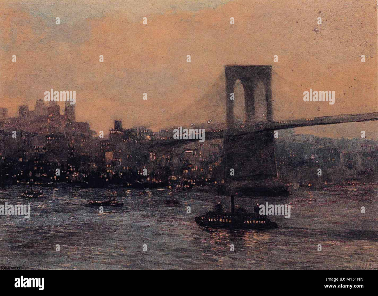 . Pont de Brooklyn de nuit . Anglais : Matière et dimensions : Huile sur toile, 36 x 50, en emplacement : CIGNA Museum et Art Collection, Philadelphie . 1909. Edward Willis Redfield 155 Edward Willis Redfield - Brooklyn Bridge at Night Banque D'Images