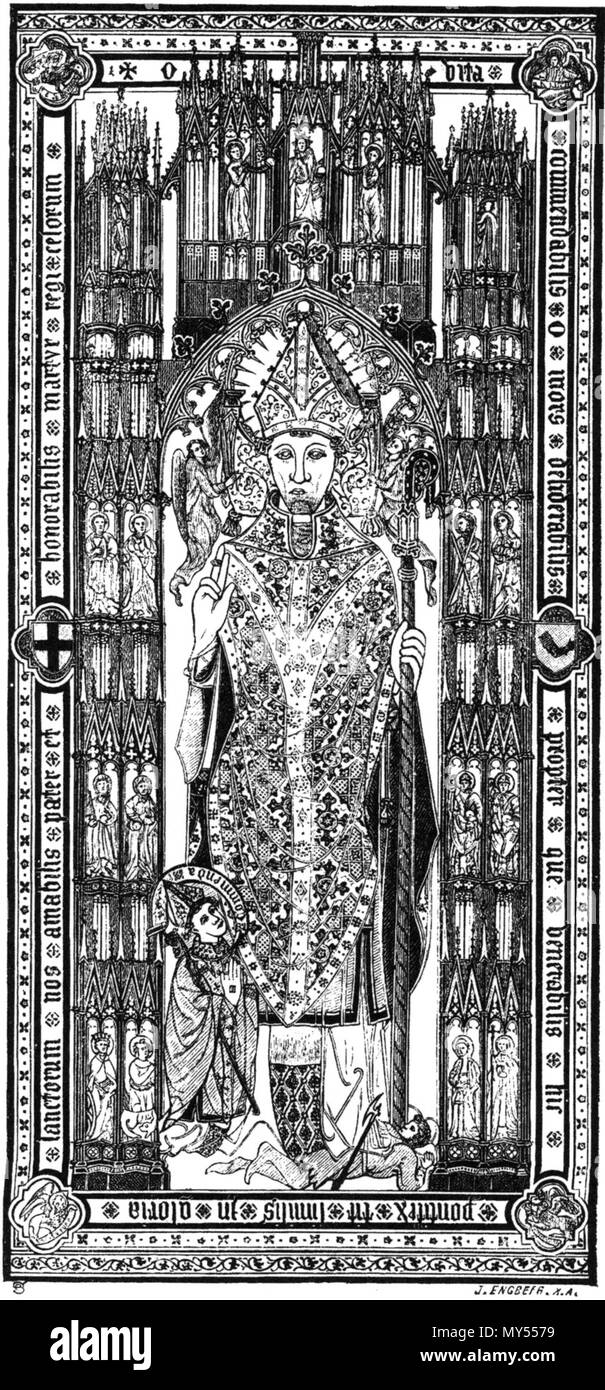 . Anglais : Le couvercle du sarcophage de l'évêque Henry dans l'église de Nousis, commandés à partir de la Flandre au 15ème siècle, l'illustre Henry en plein pontificals avec mitre et crosse. La tueuse, qui n'est pas avant le 17ème siècle s'appelle Lalli, se trouve aux pieds de la sainte. À gauche, l'évêque Magnus II Tavast, qui avait ordonné le sarchophagus, s'agenouille. Svenska : Täckplattan på S:t Henriks sarkofag je Nousis kyrka, beställd från Flandern på 1400-avbildar 1860-1869, Henrik je biskopsskrud complète och med kräkla mitra. Banemannen, som först på 1600-omnämns 1860-1869 med namnet Lalli, à helgonets fötter vid. Ti Banque D'Images