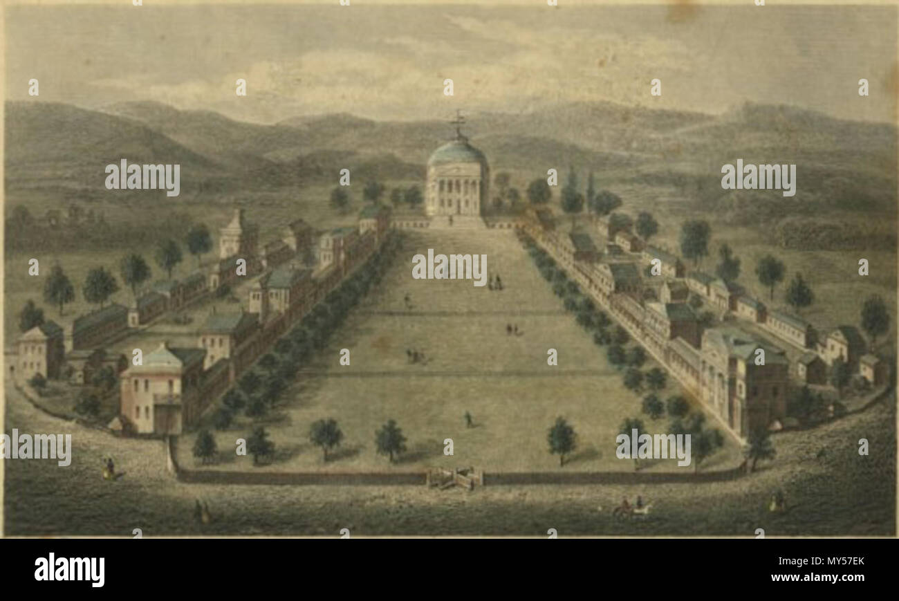 . University of Virginia à partir de la source à mcgregor.lib.virginia.edu : «Commentaires : rotonde et pelouse, du sud avec cattleguard au pied de la pelouse. Publié par C. Bohn. 'Entrée en fonction d'une loi du Congrès, A. D. 1856 par C. Bohn dans le bureau du greffier de la Cour de District des États-Unis, District de Columbia." Gravé par J. Serz. 1 gravure couleur, 4 photos n&b, 2 page s'imprime, 2 photocopies négatif.' Nom de l'image : imprime00018 Numéro d'Accession : RG-30/1/8,801 & Betts # 46 Numéro de négatif : neg 4x5 71, Neg 4x5 1891D . 1856. J. Serz 541 Université de Virginie Serz 1856 Banque D'Images