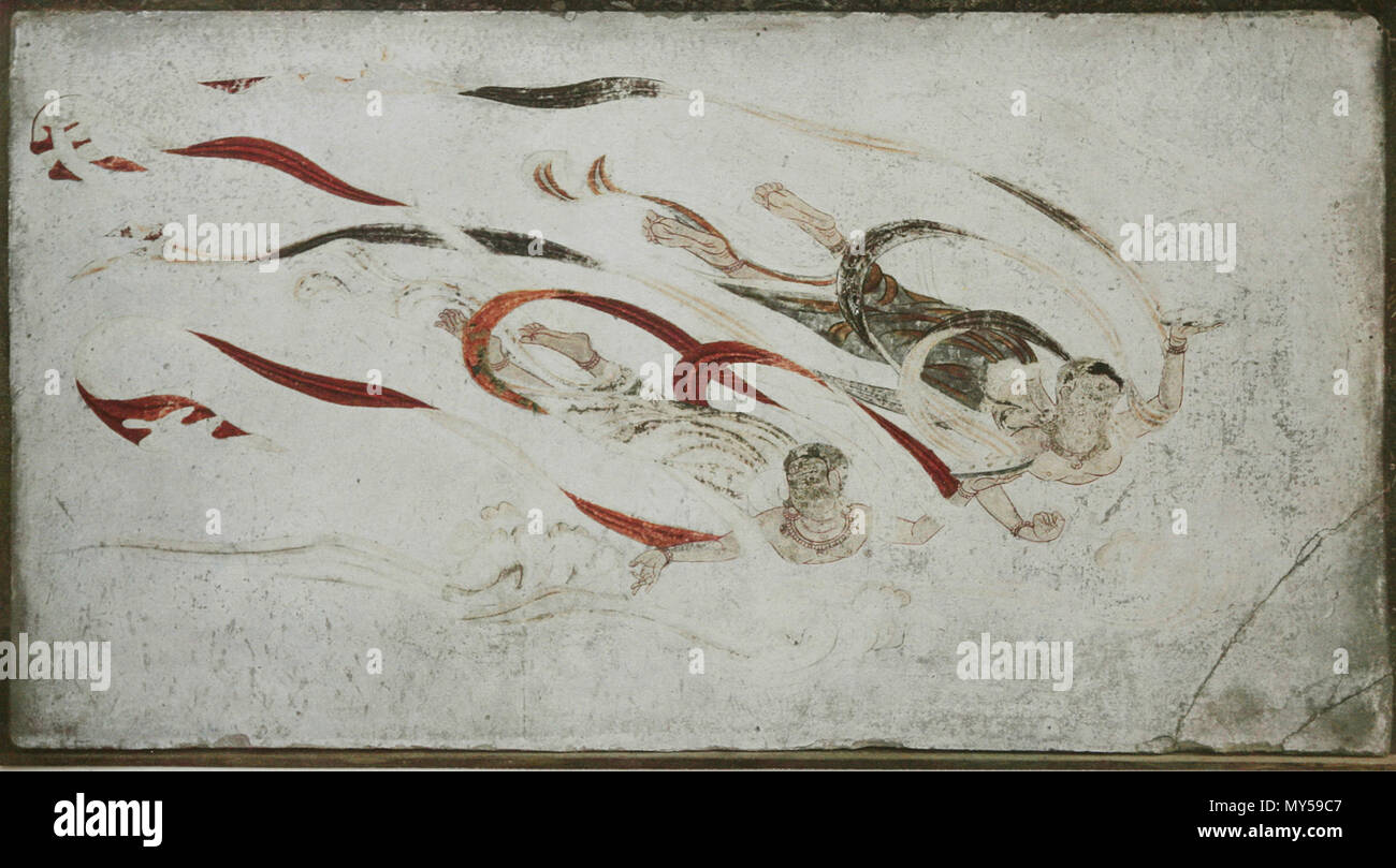 . Anglais : Un panel de peintures murales de Horyuji, Kondo en couleur sur fresco secco. Maintenant. parted et déplacé dans entrepôt. 75cm hauteur 138cm de large, début 7ème siècle, période de Nara, Horyuji, Nara, Japon. . 195147 Horyuji Apsara1 Banque D'Images